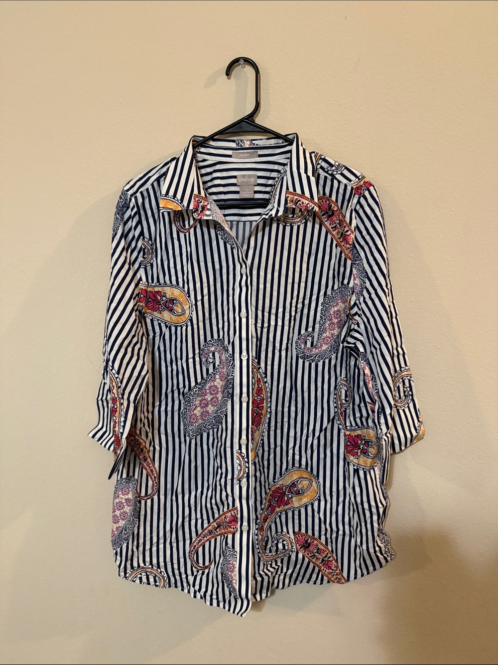 Chico's Black and White Striped Button-Down with Multicolor Paisley